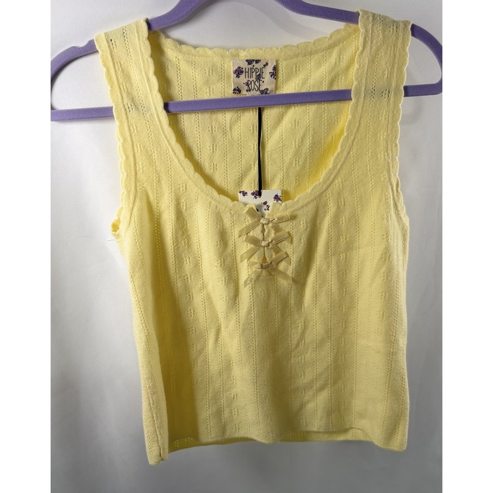 Hippie Rose Yellow Medium Juniors Soft Cropped Knit Top Bows Lace Whimsy